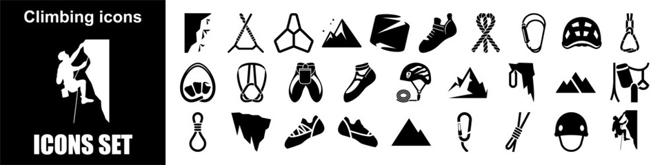 Climbing Icon Set for Adventure Hiking Mountaineering Rock Scaling Outdoor Expedition Strength Gear