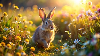 Fototapeta premium Adorable Fluffy Bunny Rabbit in Wildflower Meadow - Drone Aerial View