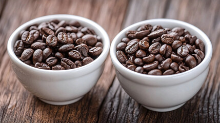 Fototapeta premium Coffee Bean Bowls: Two white bowls filled to the brim with aromatic roasted coffee beans, ready to be ground and brewed for a delightful cup.