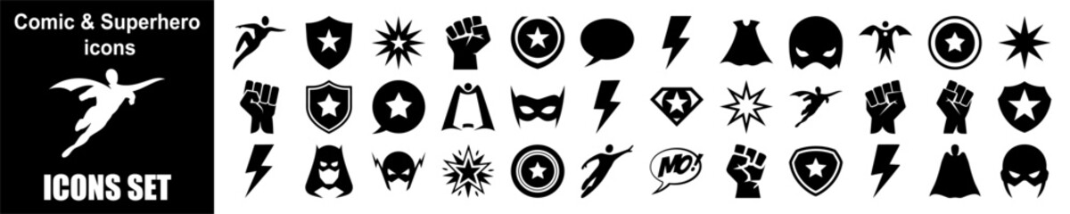 Comic & Superhero Icon Set for Action Adventure Hero Mask Powers Costume Fantasy Storytelling