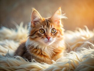 Naklejka premium Adorable Fluffy Kitten Relaxing on Soft Fur – Cute Pet Stock Photo