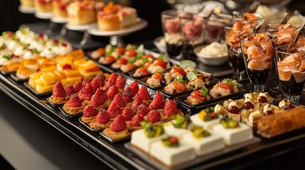 Buffet table with fresh fruits, salads and desserts on the market restaurant table