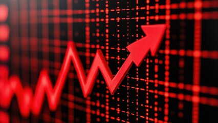 Red arrow pointing upwards on a digital stock market graph, symbolizing positive growth and financial success