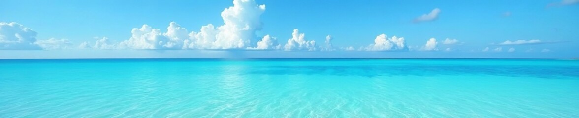 Obraz premium Crystal clear turquoise waters under blue sky with white fluffy clouds, blue, view