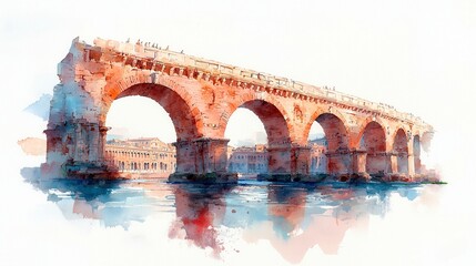 Obraz premium Wholesome watercolor depiction of Roman aqueducts, featuring towering stone structures and arching water channels, showcasing an engineering marvel on a clean white background