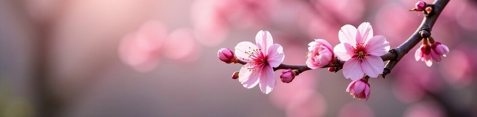 Fototapeta premium Delicate pink blossoms on curved branch, springtime beauty, delicate, soft