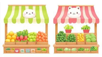 Wholesome watercolor illustration of a rural village market, showcasing a serene morning with wooden stalls brimming with fresh produce, evoking simple joys in vibrant colors.