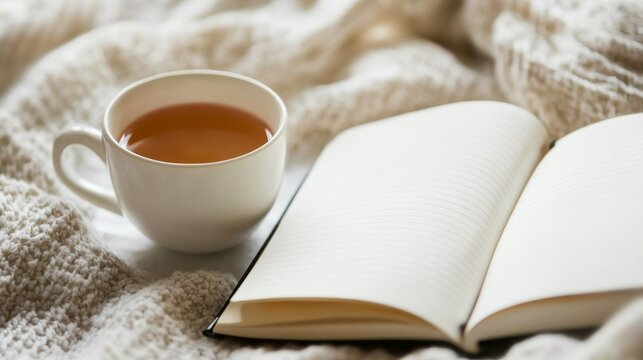 Rare illness patient journaling in a soft-lit room with a cup of tea. Featuring reflection and healing