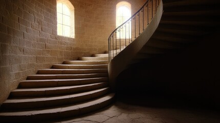 Curved staircase leads to illuminated windows, creating sense of