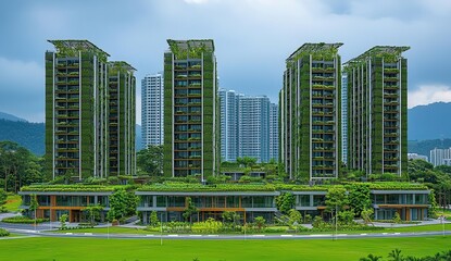 Obraz premium An aerial view of the green city, with buildings covered in lush gardens and rooftop plants stacked on top of each other. Copy space, commercial use