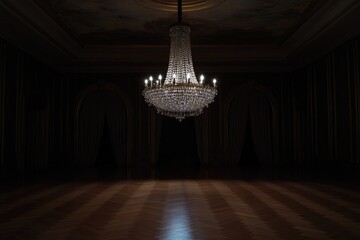 Elegant chandelier illuminates dark room, creating mysterious ye