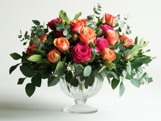 Fototapeta premium Colorful bouquet of flowers in a glass vase, perfect for gifts and events.