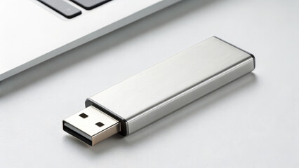 Metallic USB flash drive on white desk near laptop