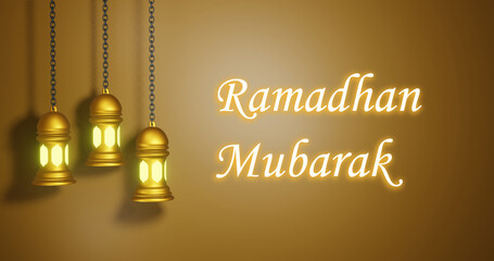 Fototapeta premium Ramadhan Mubarak with Light Effect and Hanging Golden Lanterns