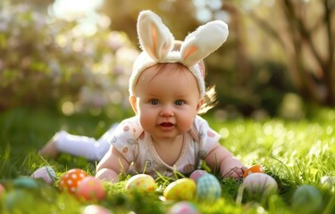 Baby wearing bunny ears headband is lying on grass with colorful easter eggs, enjoying easter egg hunt