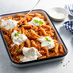 Pasta with tomato sauce and fresh cheese