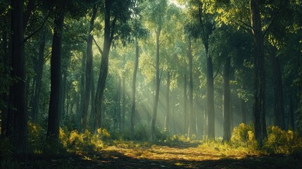 Obraz premium The image depicts a tranquil forest path bathed in sunlight, highlighting the interplay of light and shadow on the foliage.