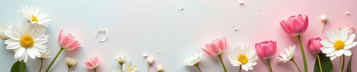 Fototapeta premium Soft pastel background with blooming white daisies and pink tulips, background, spring