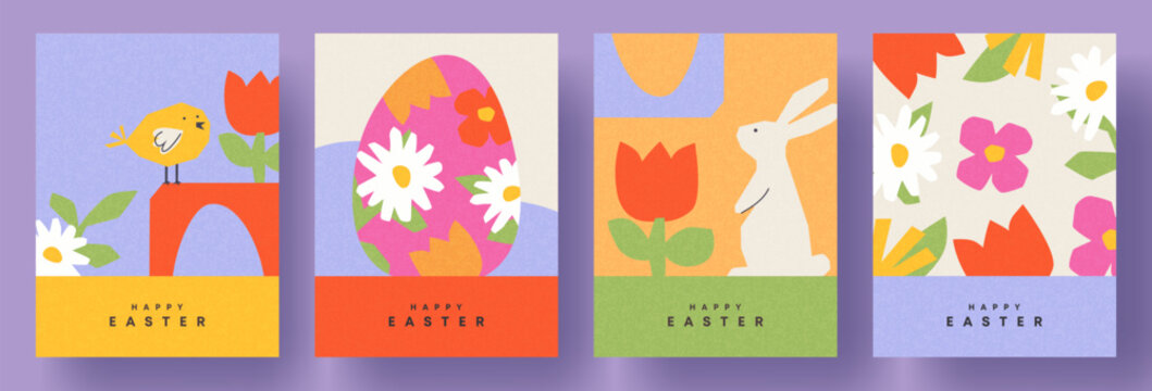 Happy Easter Set of cute greeting card, poster, holiday cover or web banner. Trendy design with typography, hand drawn flowers, abstract shapes, eggs, Easter bunny, chick. Modern art style template