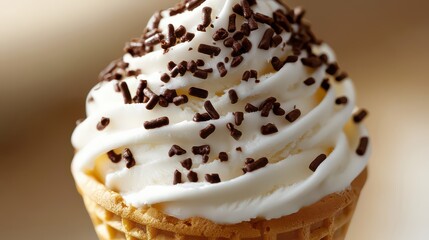 A close-up of a soft-serve cone topped with chocolate sprinkles and a swirl of rich, creamy ice cream.