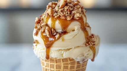 A close-up of a rich caramel swirl ice cream cone, with syrup dripping down the sides and a sprinkle of crushed nuts.