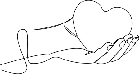 One continuous single drawing line art flat doodle heart on palm, health, love, medicine, heart to hold in hands. Isolated image hand draw contour on a white background, hand drawn, not AI