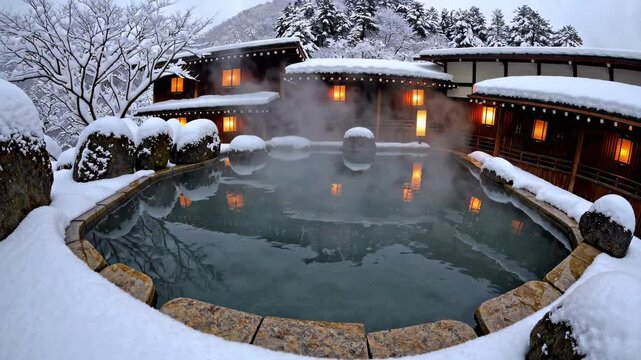 Traditional Ryokan Onsen: A Serene Outdoor Hot Spring in a Snowy Winter Wonderland