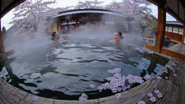 Traditional Ryokan Onsen: A Serene Outdoor Hot Spring with Cherry Blossoms