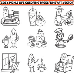 Cozy Pickle Life Coloring pages, Pickle coloring pages line art vector illustration, bold and easy coloring page
