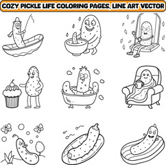 Cozy Pickle Life Coloring pages, Pickle coloring pages line art vector illustration, bold and easy coloring page