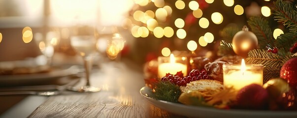 Obraz premium A cozy holiday table adorned with candles, festive decorations, and warm lights, creating a cheerful and inviting atmosphere.