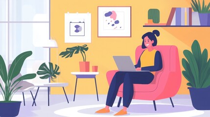 Woman sitting in armchair working with laptop in cozy living room