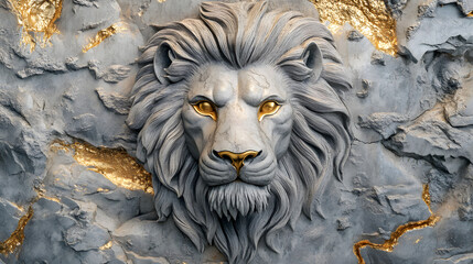 3D lion head wall art, textured wallpaper, with golden lines, in a grey color tone
