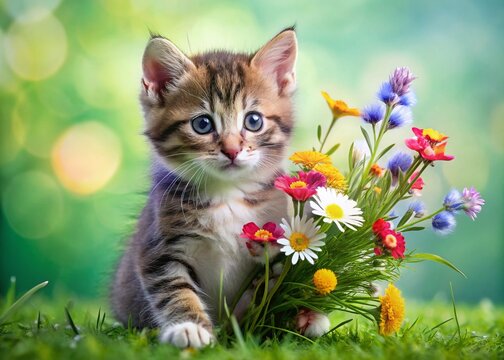 Adorable Kitten Playing in Spring Flowers and Grass - Green Background Stock Photo