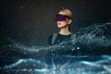 Woman wearing VR glasses with digital interface illustration