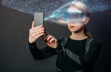Person using VR glasses with smartphone in a digital interface