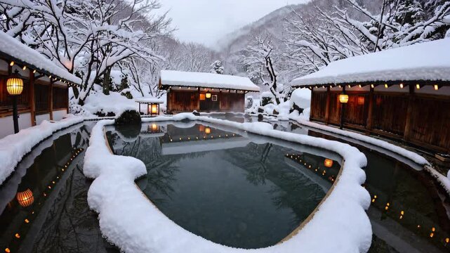 Traditional Ryokan Onsen: A Serene Outdoor Hot Spring in a Snowy Winter Wonderland