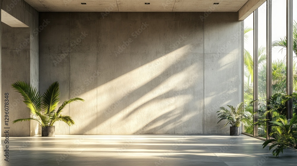 Poster sunlight beams cast dynamic shadows on a sleek concrete wall, creating a serene atmosphere in a spac