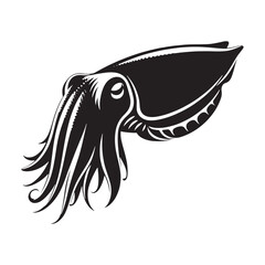 Silent Cuttlefish silhouette, drifting through the abyss - Cuttlefish illustration - Minimalist Cuttlefish vector - Fish silhouette

