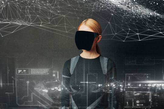 Illustration of a person wearing VR glasses with a digital interface background