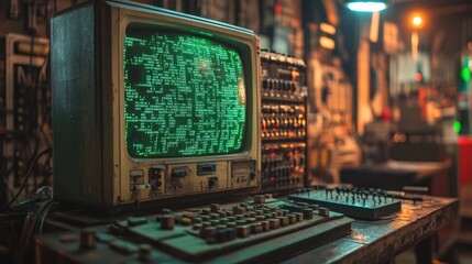 Retro Computer With ARPANET Interface Displaying Green Text in Vintage Workspace. Generative AI