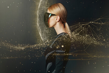 Illustration of a person wearing VR glasses with a futuristic interface