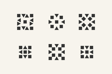 Set of 12 geometric shape - stars, rhombus, flower bud, clover, four-leaf flower. Modern linear design sign.