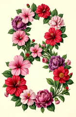 Number eight made of flowers and leaves isolated on a light background. International Women's Day card. Vertical orientation