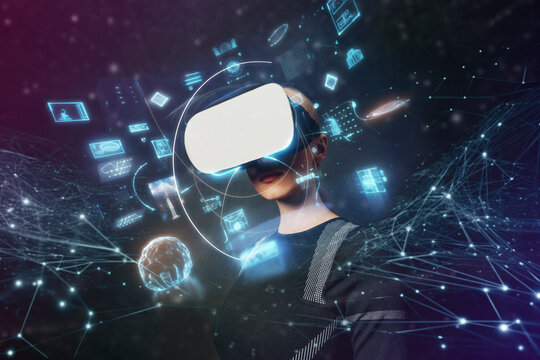 Illustration of a person wearing VR glasses with a digital interface in a dark setting