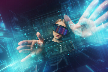 Illustration of a person wearing VR glasses interacting with a digital interface
