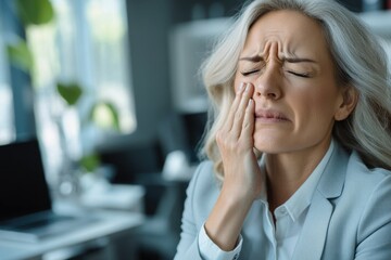 Fototapeta premium Woman in an office with a headache, seeking relief.