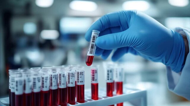 Laboratory Scene with Medical Professional Holding Blood Sample in Test Tube with Row of Samples in Background Under Soft Lighting