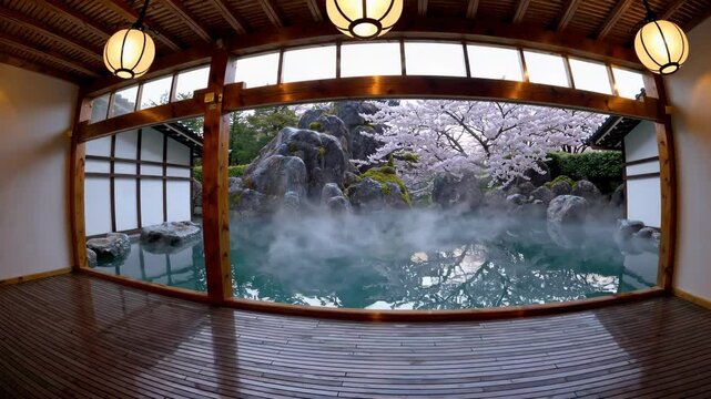 Traditional Ryokan Onsen: A Serene Outdoor Hot Spring with Cherry Blossoms