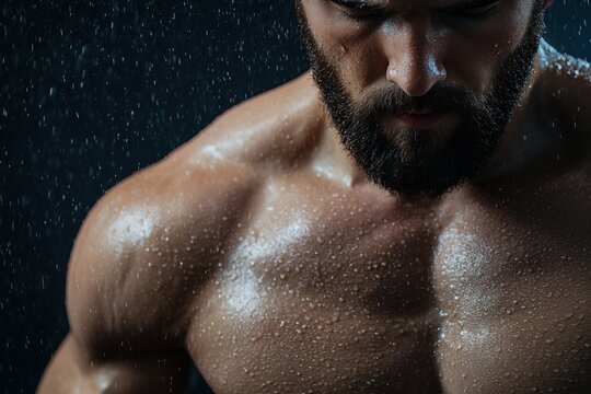 Muskul&ouml;ser Mann mit Bart und Wassertr&ouml;pfchen

